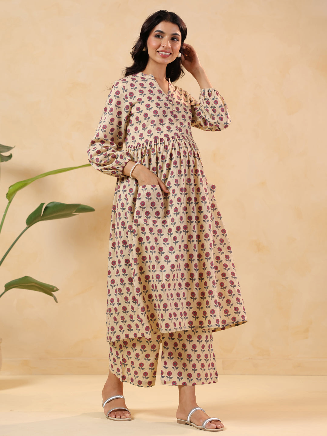 Janasya Women's Cream Pure Cotton Floral Printed A-line Maternity Kurta Pant Set