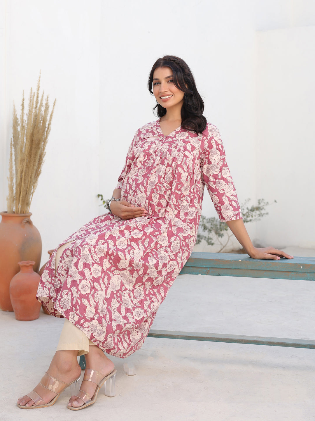Mauve Pure Cotton Floral Printed Gathered Maternity Kurta