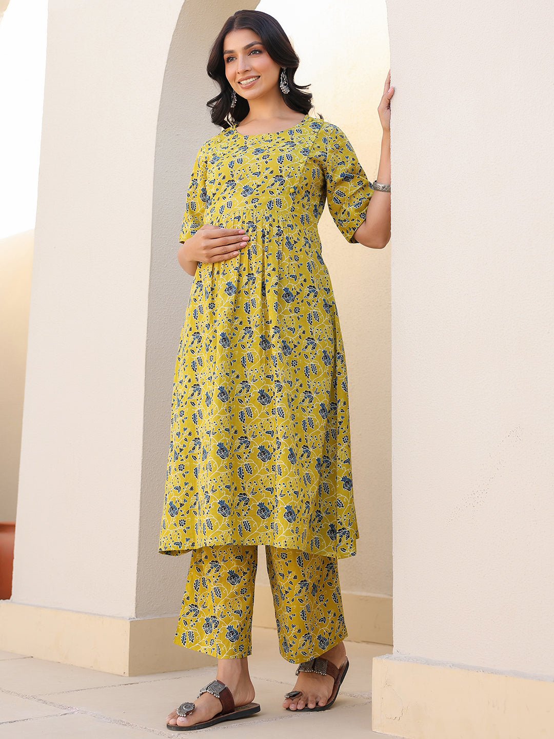 Lime Pure Cotton Floral Printed A-line Maternity Co-ord Set