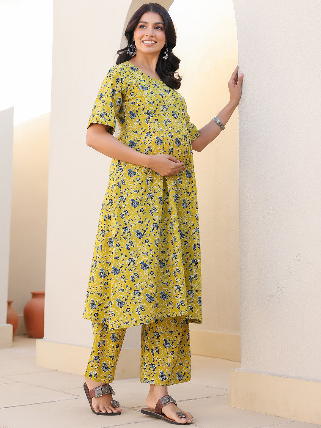 Lime Pure Cotton Floral Printed A-line Maternity Co-ord Set