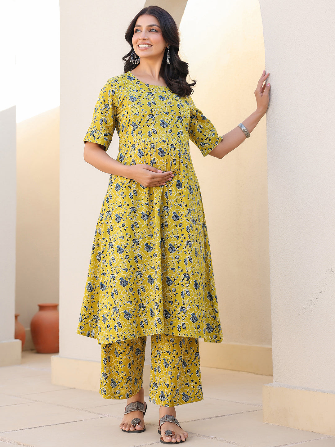 Lime Pure Cotton Floral Printed A-line Maternity Co-ord Set