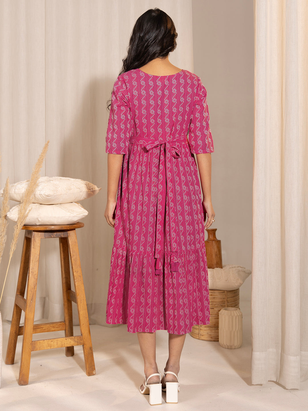 Pink Cotton Woven Design Tiered Maternity Dress