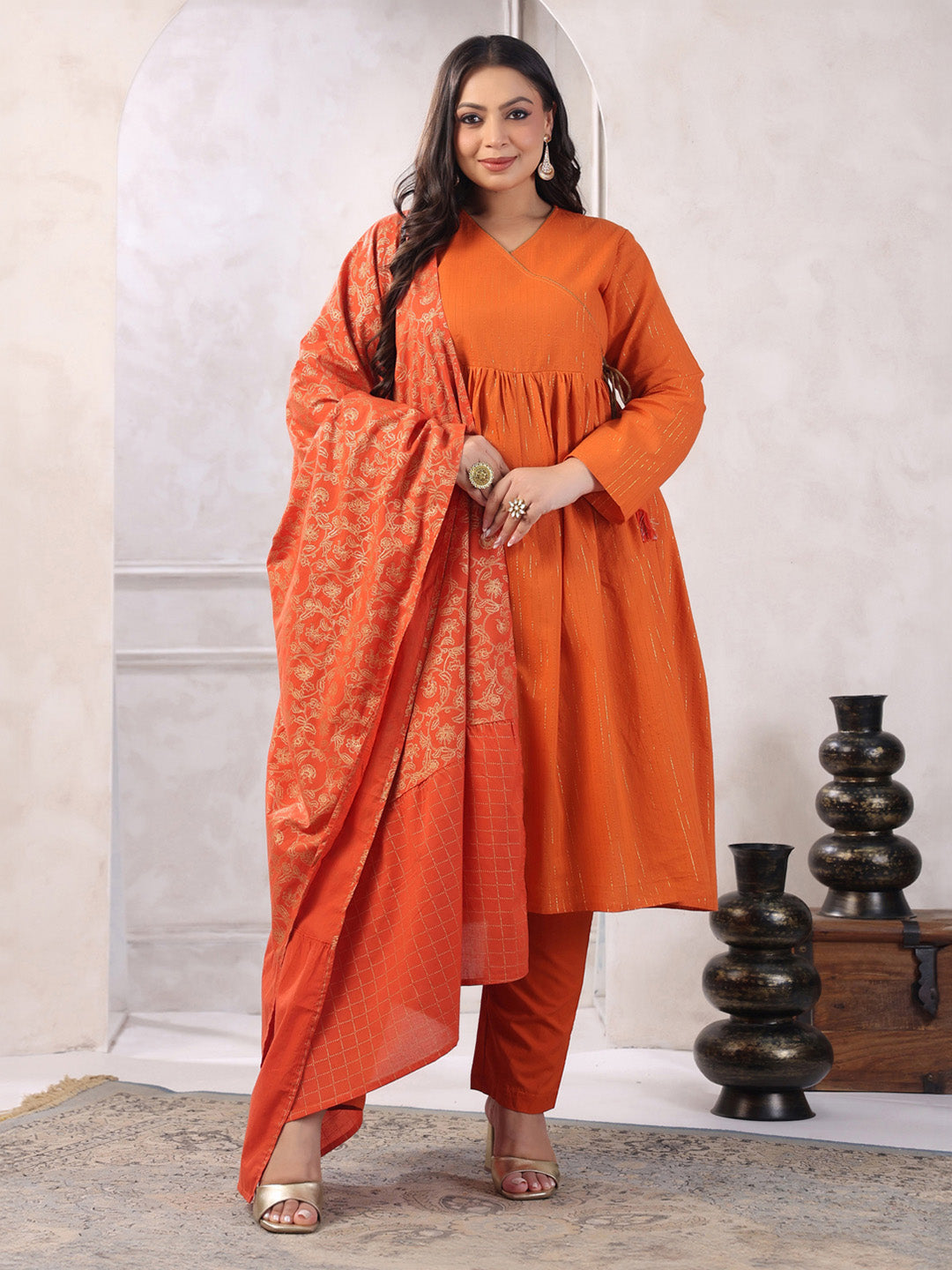 Plus Size Rust Orange Pure Cotton Striped Kurta with Pant and Dupatta