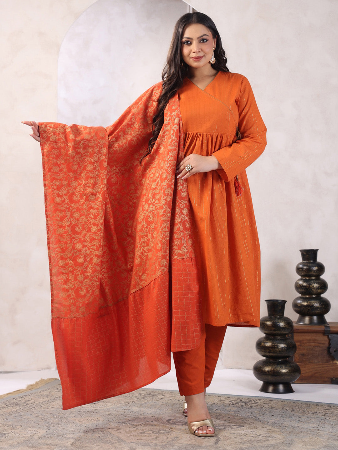 Plus Size Rust Orange Pure Cotton Striped Kurta with Pant and Dupatta