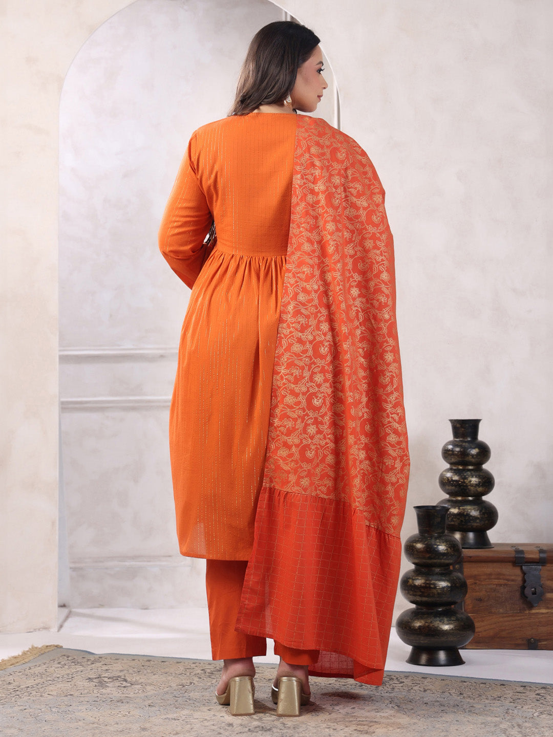 Plus Size Rust Orange Pure Cotton Striped Kurta with Pant and Dupatta