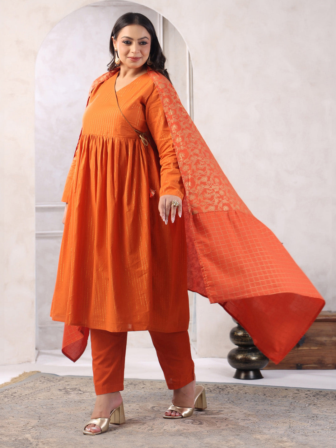 Plus Size Rust Orange Pure Cotton Striped Kurta with Pant and Dupatta