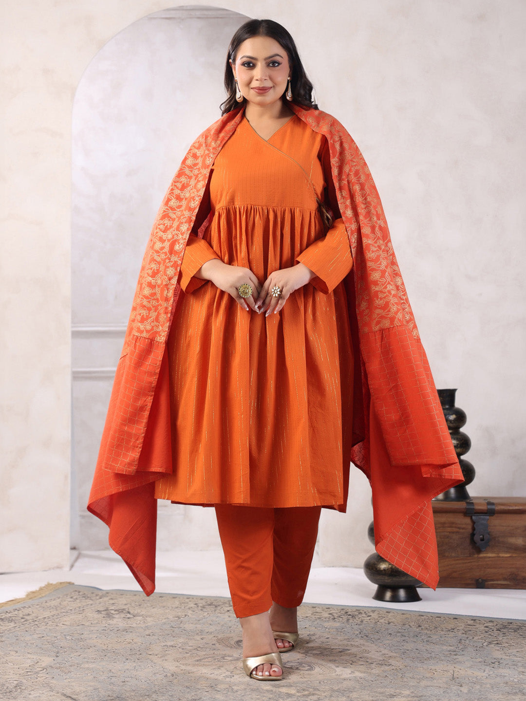 Plus Size Rust Orange Pure Cotton Striped Kurta with Pant and Dupatta
