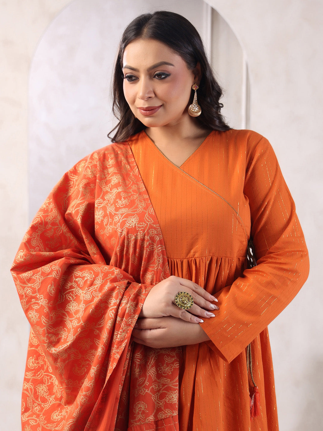 Plus Size Rust Orange Pure Cotton Striped Kurta with Pant and Dupatta