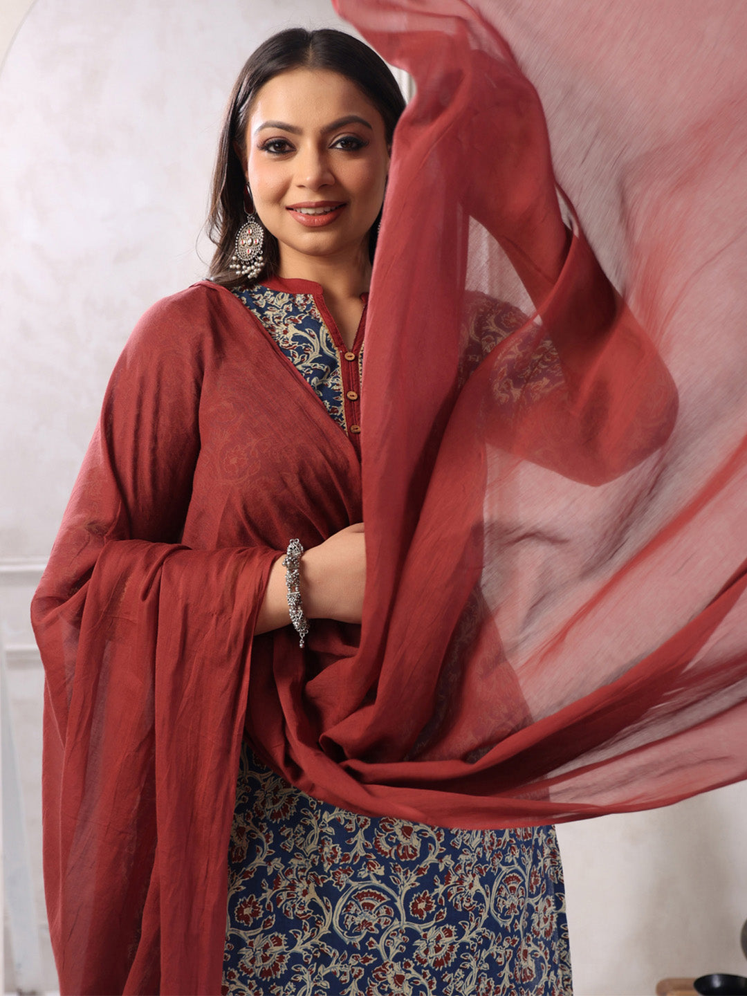 Plus Size Teal Blue Pure Cotton Floral Print Kurta with Pant and Dupatta