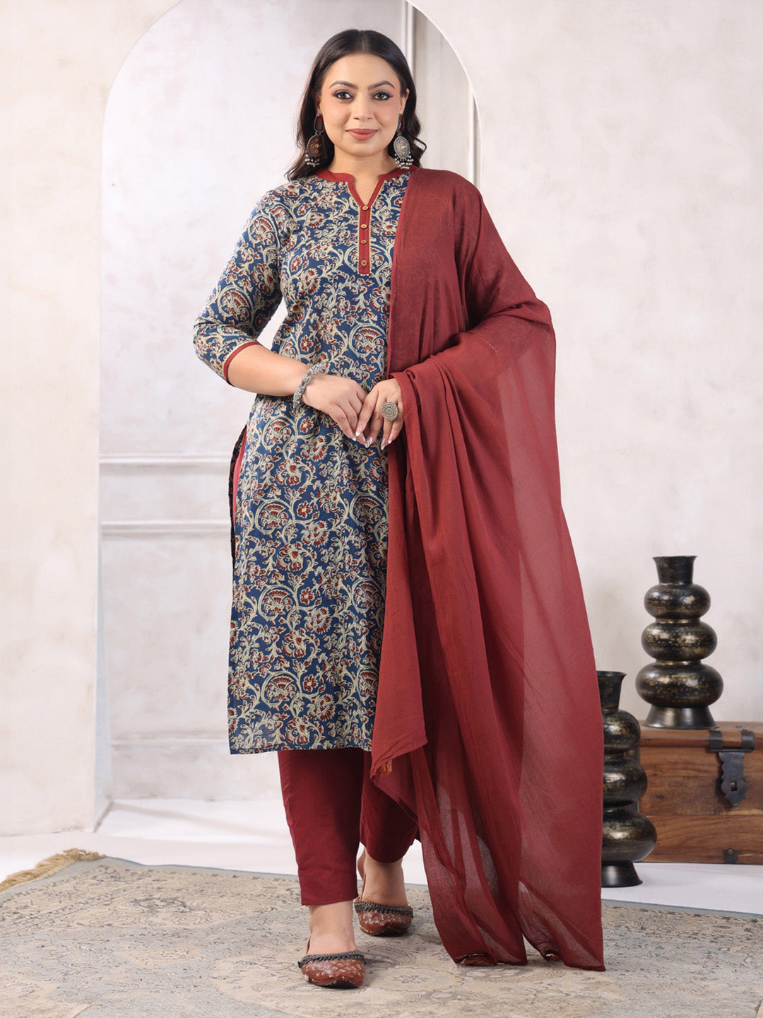 Plus Size Teal Blue Pure Cotton Floral Print Kurta with Pant and Dupatta