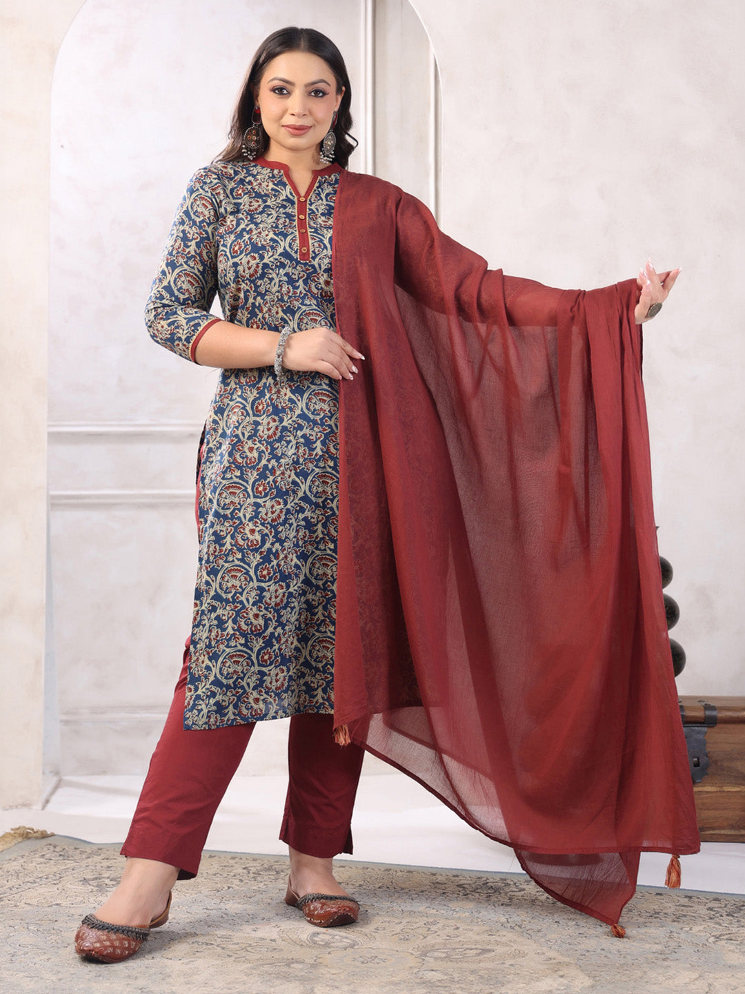 Plus Size Teal Blue Pure Cotton Floral Print Kurta with Pant and Dupatta