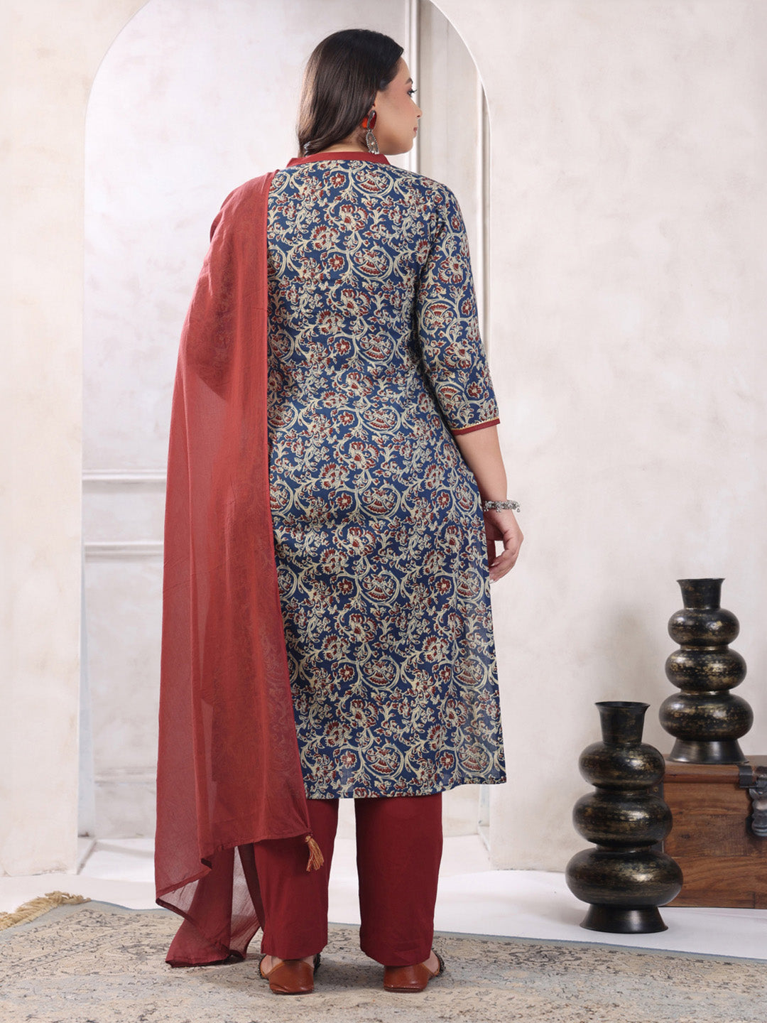 Plus Size Teal Blue Pure Cotton Floral Print Kurta with Pant and Dupatta