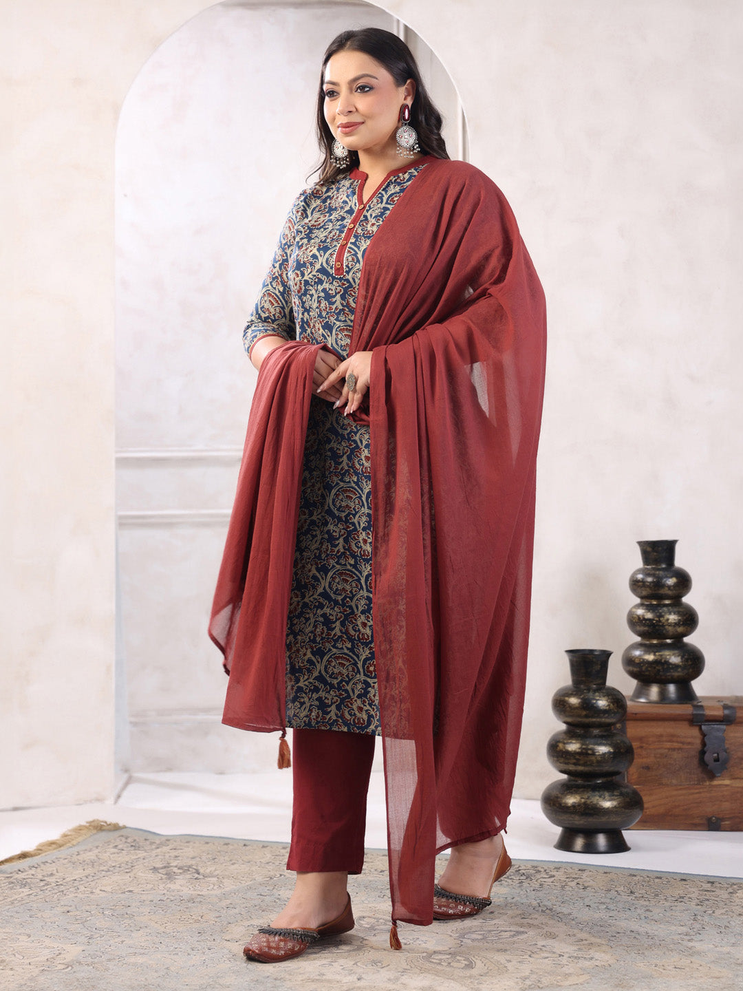 Plus Size Teal Blue Pure Cotton Floral Print Kurta with Pant and Dupatta