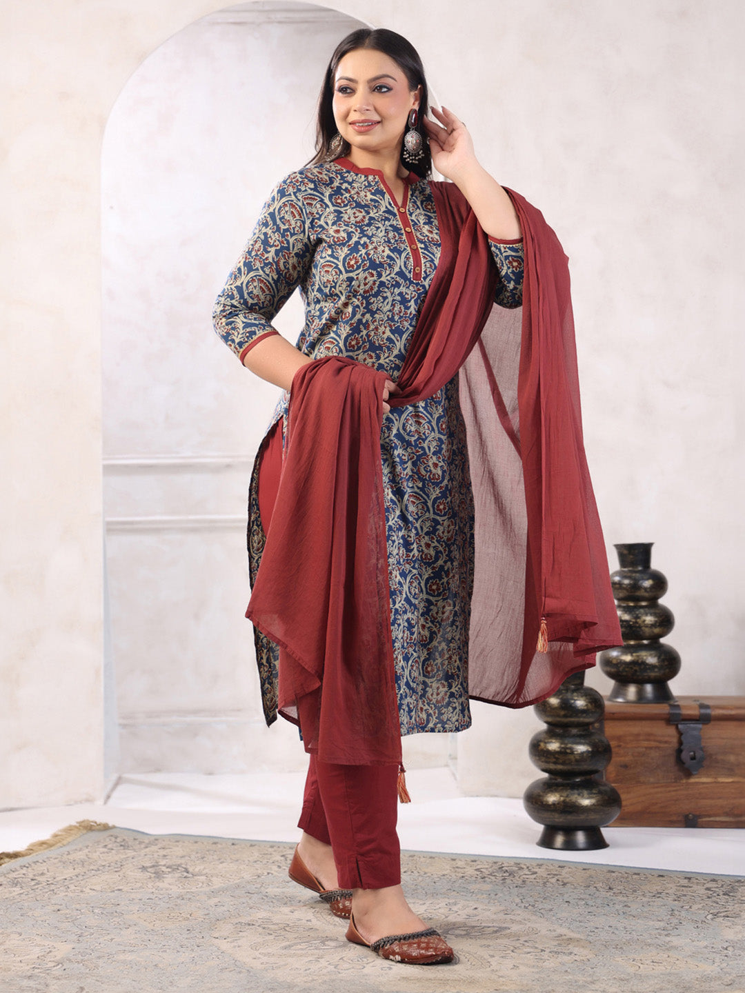 Plus Size Teal Blue Pure Cotton Floral Print Kurta with Pant and Dupatta