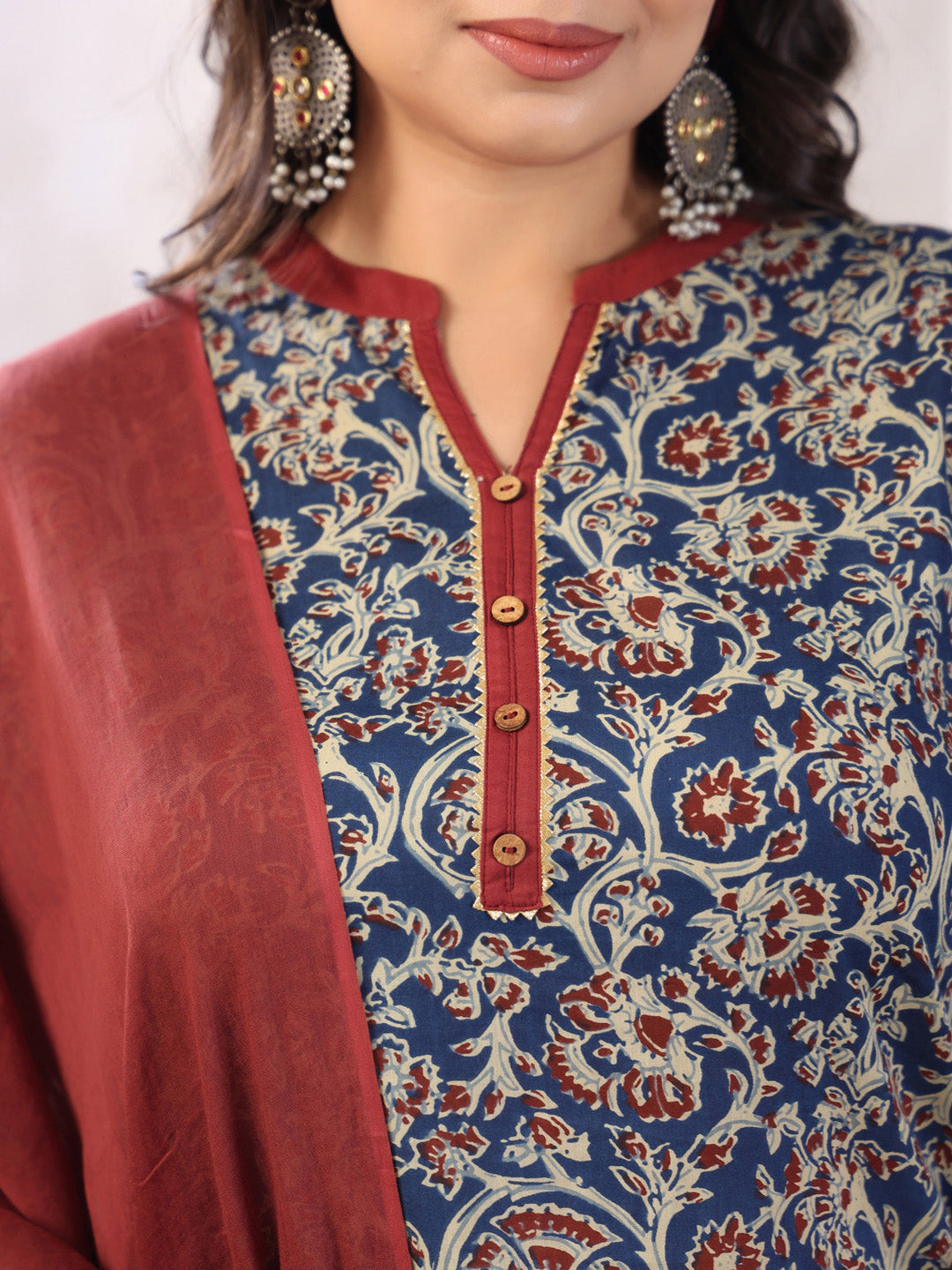 Plus Size Teal Blue Pure Cotton Floral Print Kurta with Pant and Dupatta