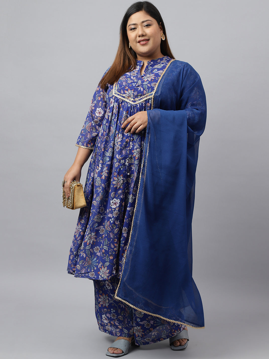 Plus Size Dark Blue Georgette Kurta With Palazzo and Dupatta