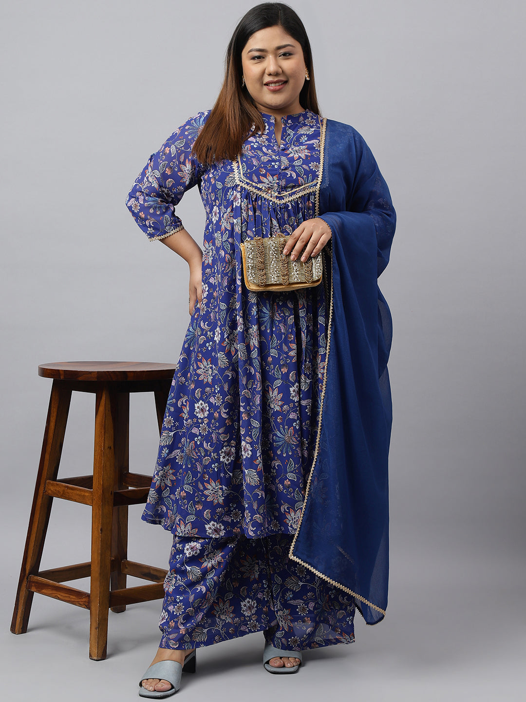 Plus Size Dark Blue Georgette Kurta With Palazzo and Dupatta