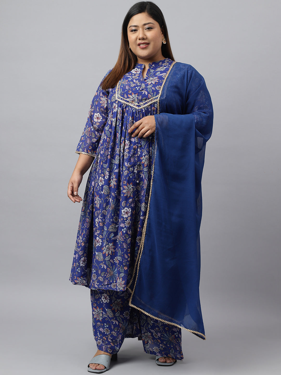 Plus Size Dark Blue Georgette Kurta With Palazzo and Dupatta