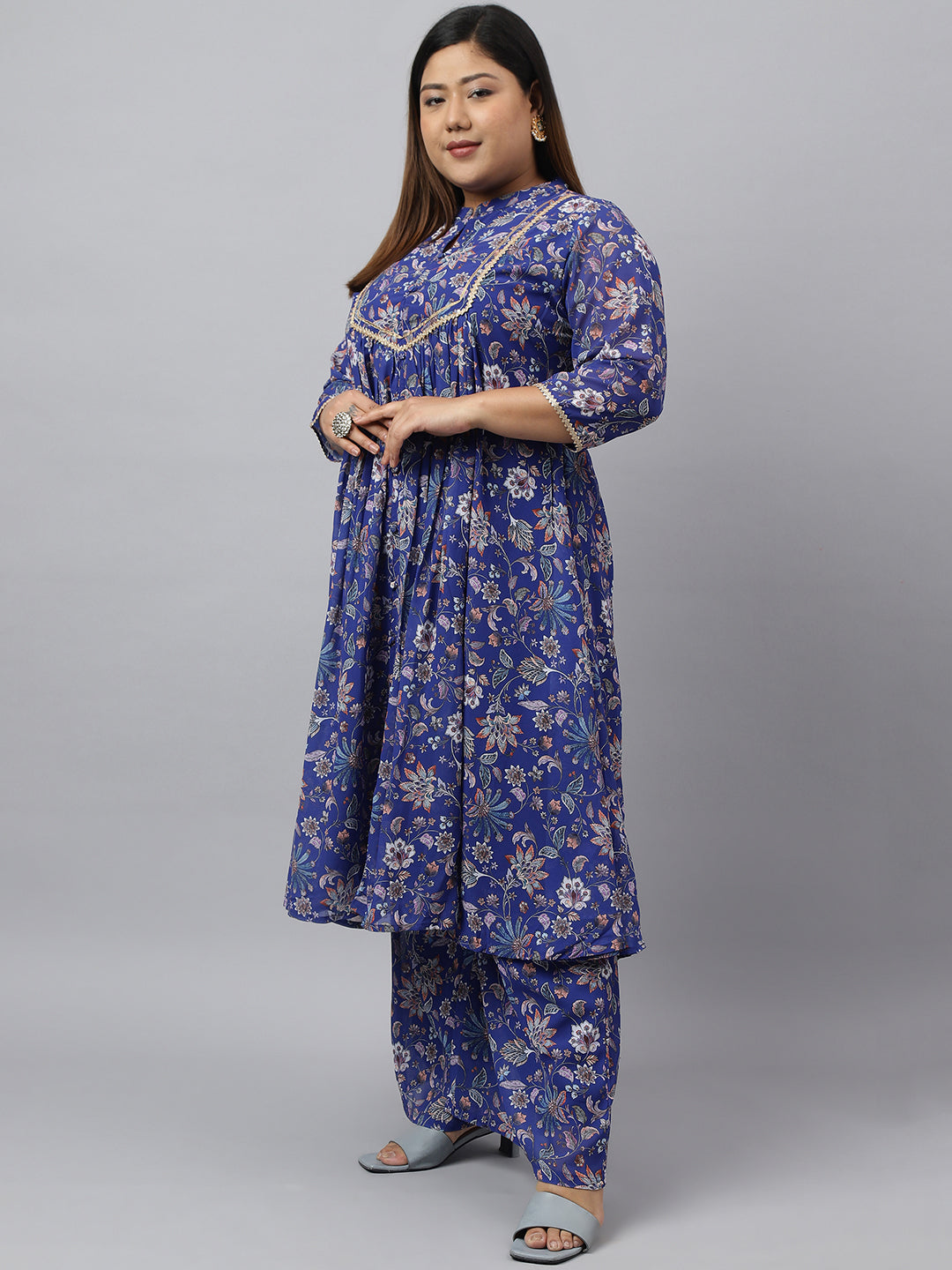 Plus Size Dark Blue Georgette Kurta With Palazzo and Dupatta