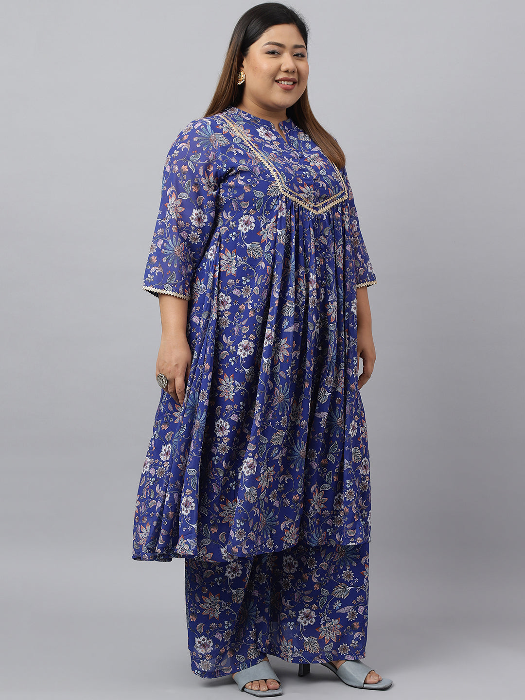 Plus Size Dark Blue Georgette Kurta With Palazzo and Dupatta