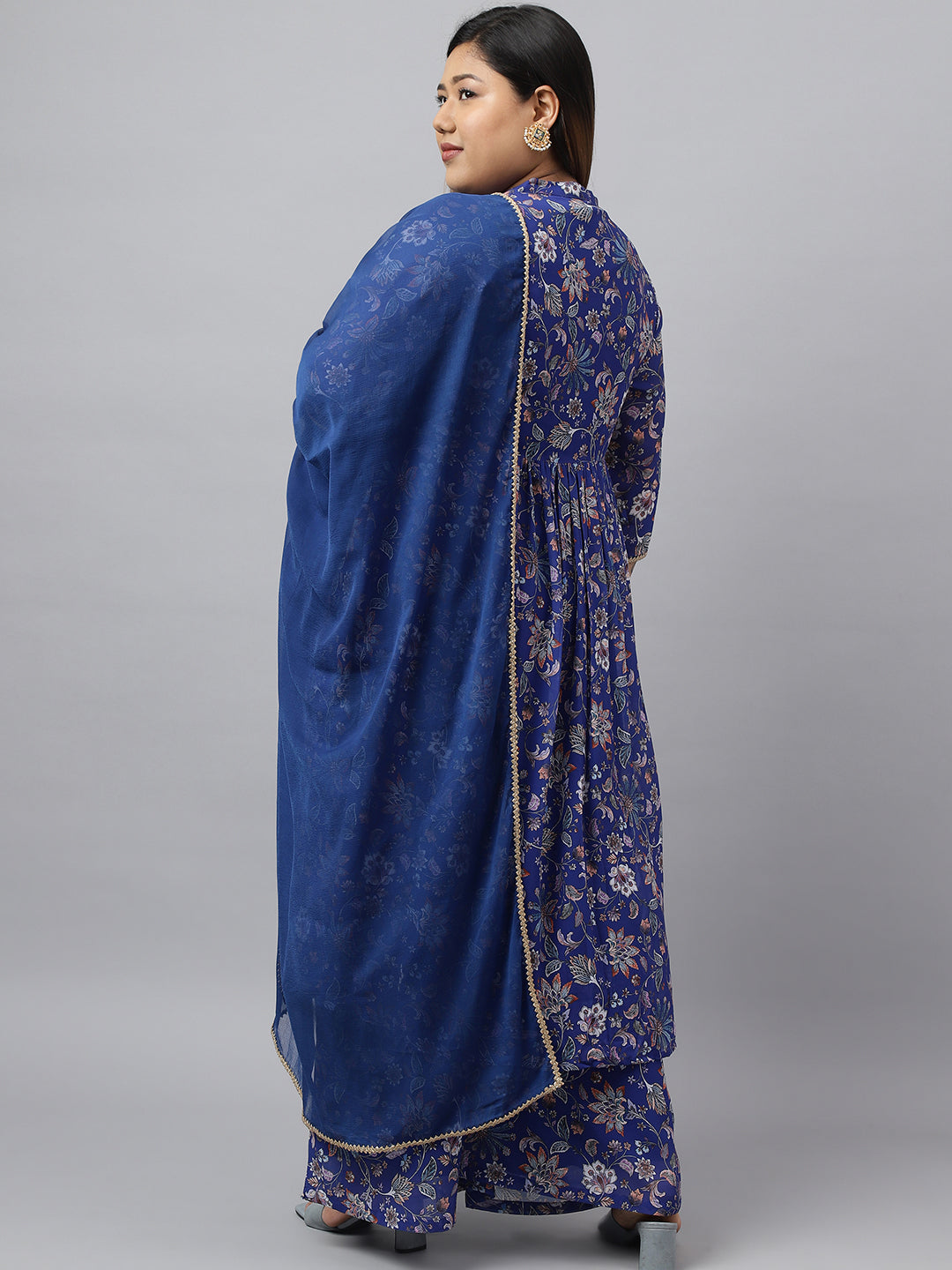 Plus Size Dark Blue Georgette Kurta With Palazzo and Dupatta