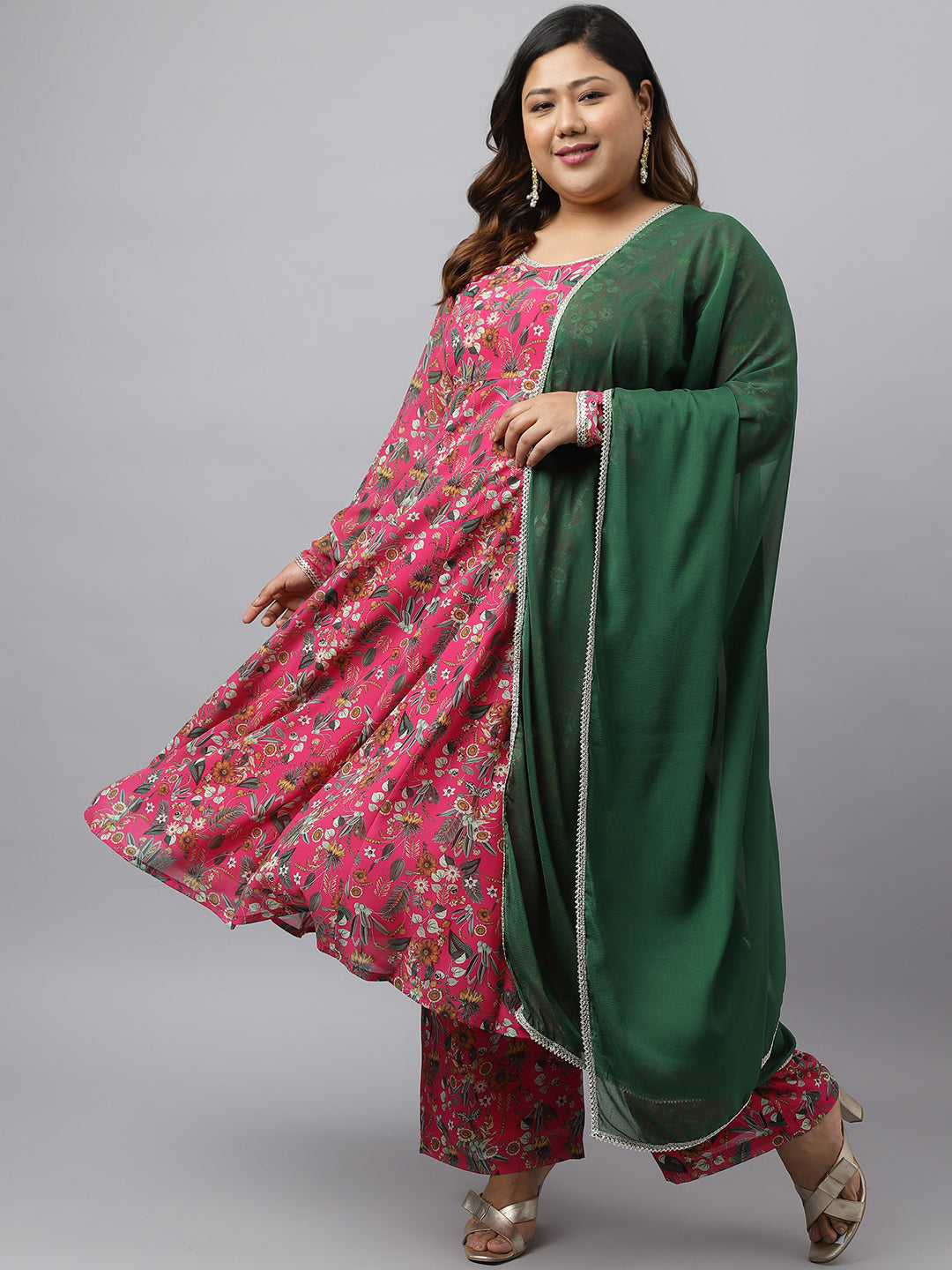Plus Size Pink Georgette Kurta With Palazzo and Dupatta
