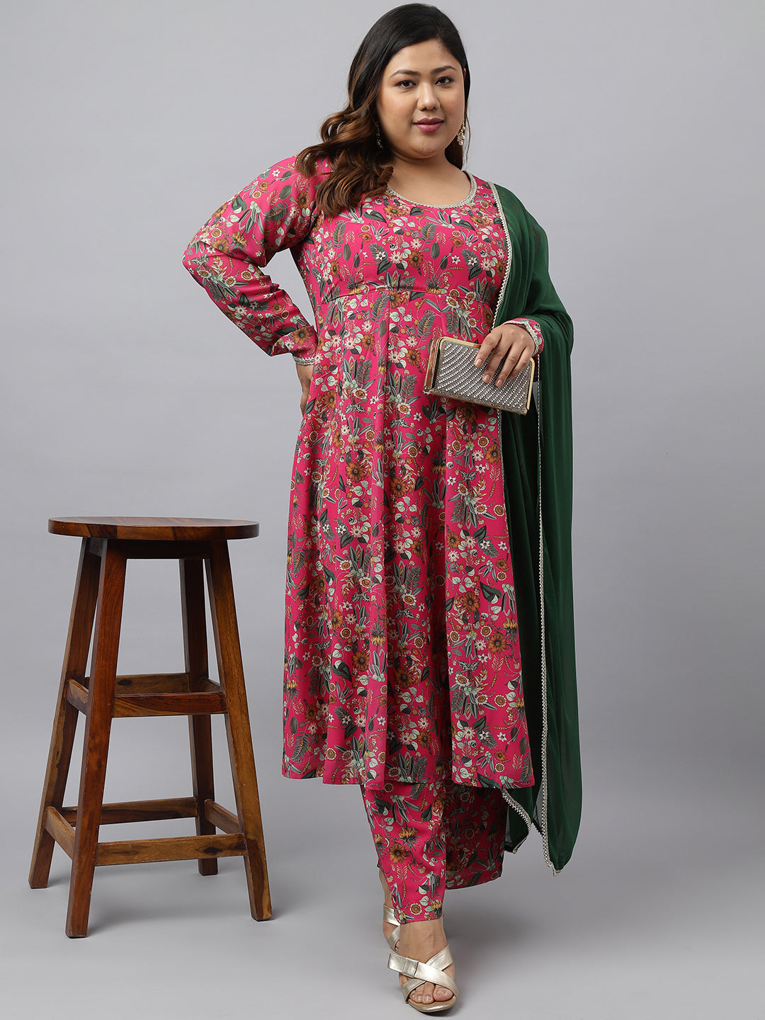 Plus Size Pink Georgette Kurta With Palazzo and Dupatta