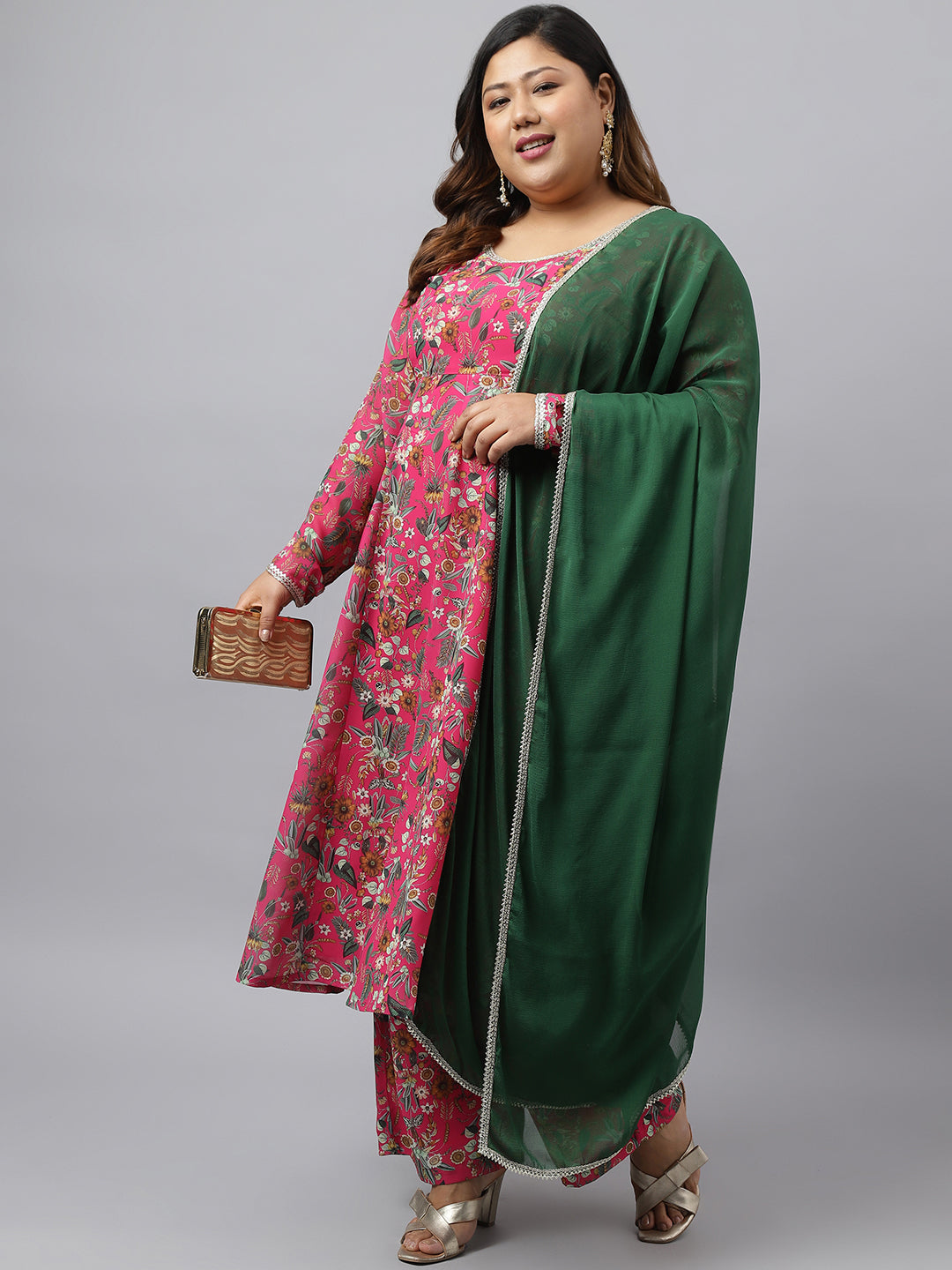 Plus Size Pink Georgette Kurta With Palazzo and Dupatta