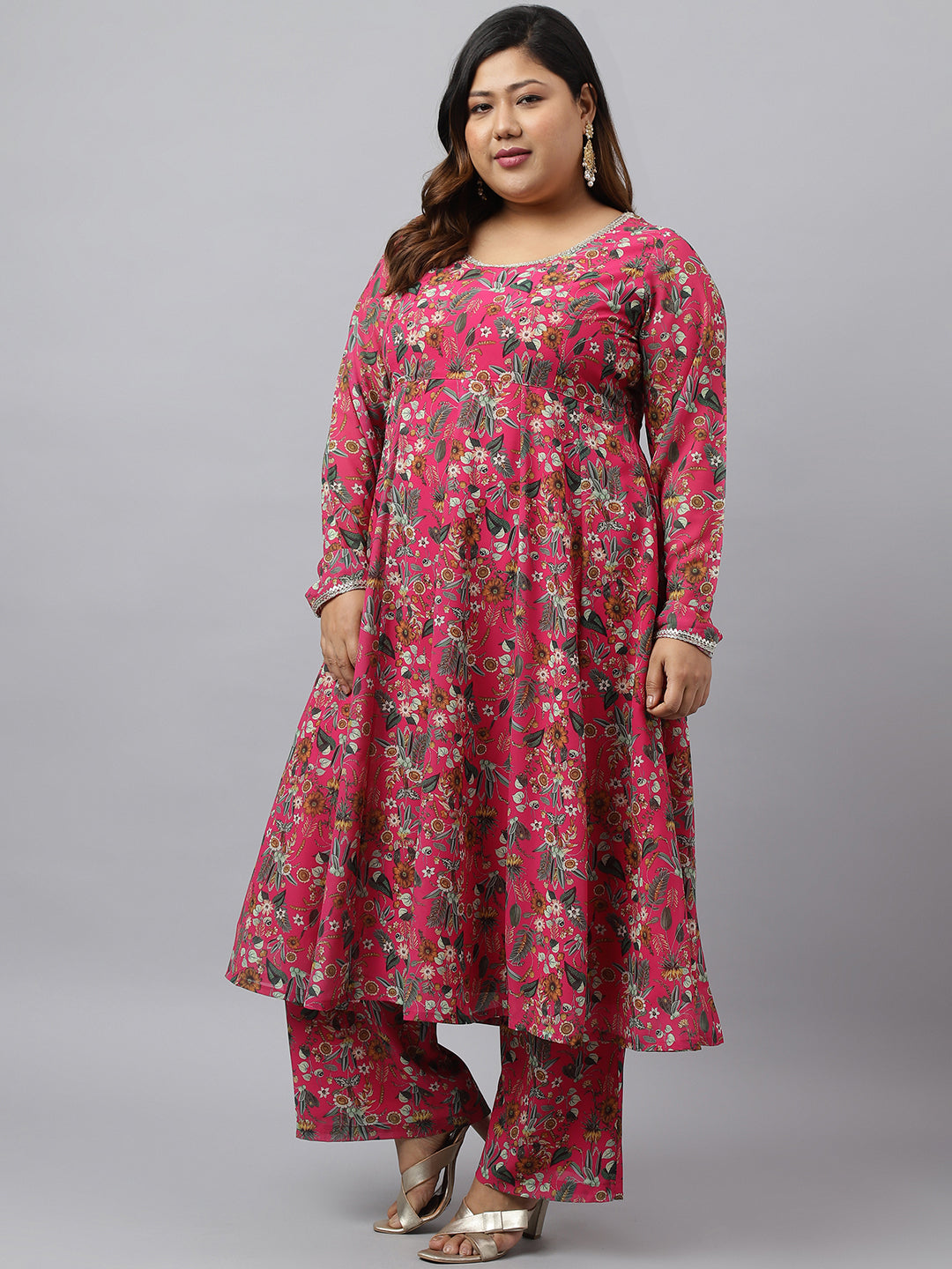 Plus Size Pink Georgette Kurta With Palazzo and Dupatta
