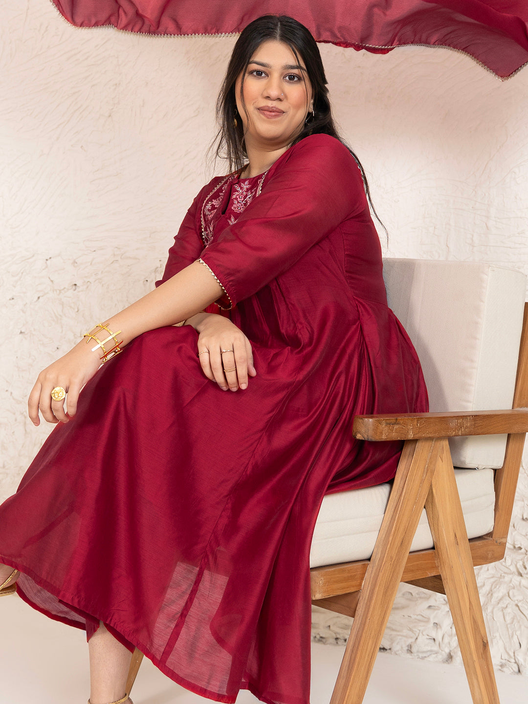 Plus Size Red Chanderi Embellished Kurta with Palazzo and Dupatta