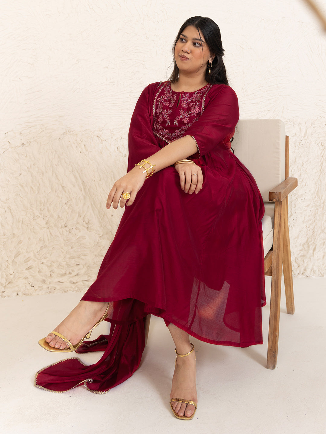 Plus Size Red Chanderi Embellished Kurta with Palazzo and Dupatta