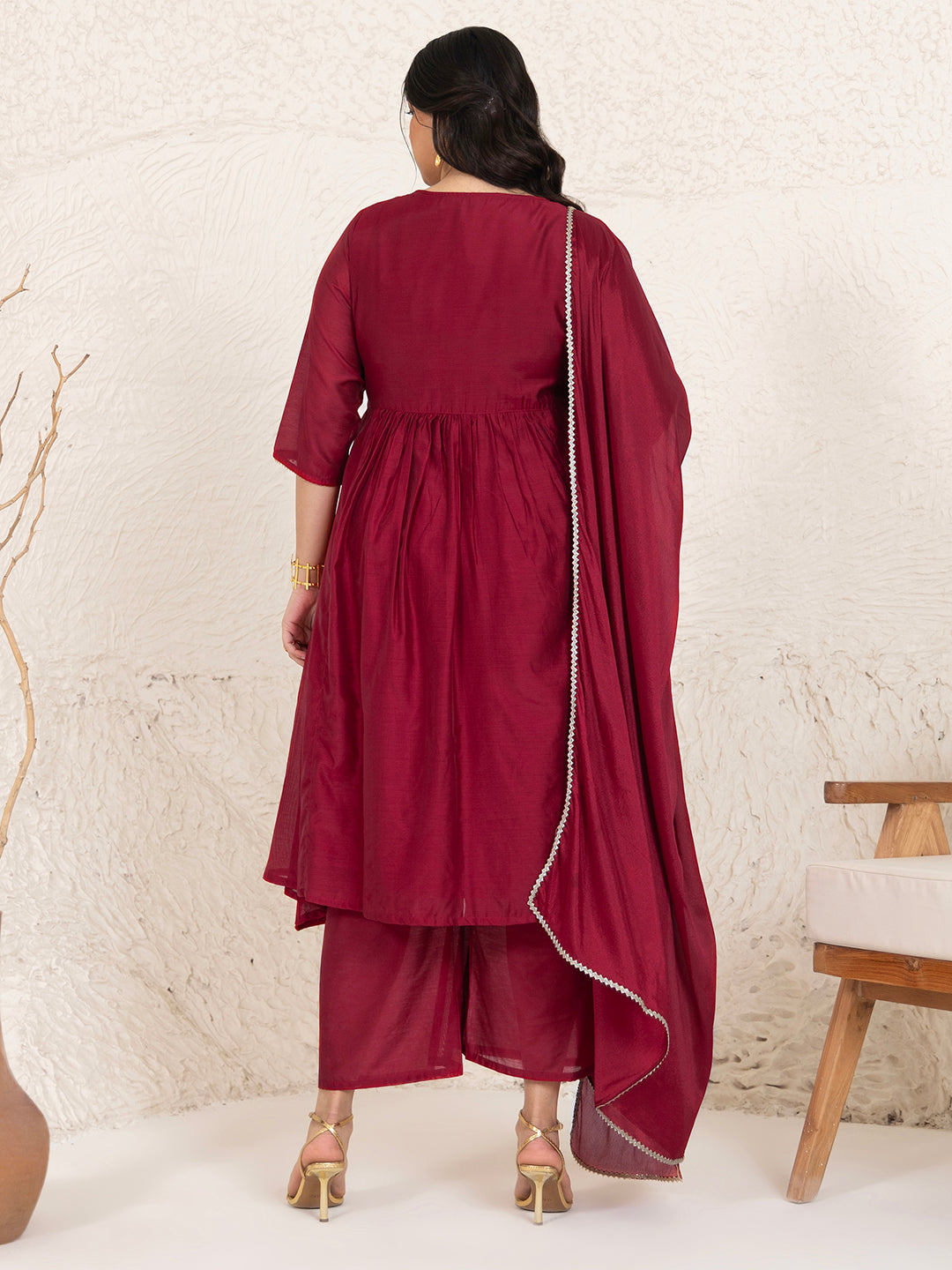 Plus Size Red Chanderi Embellished Kurta with Palazzo and Dupatta