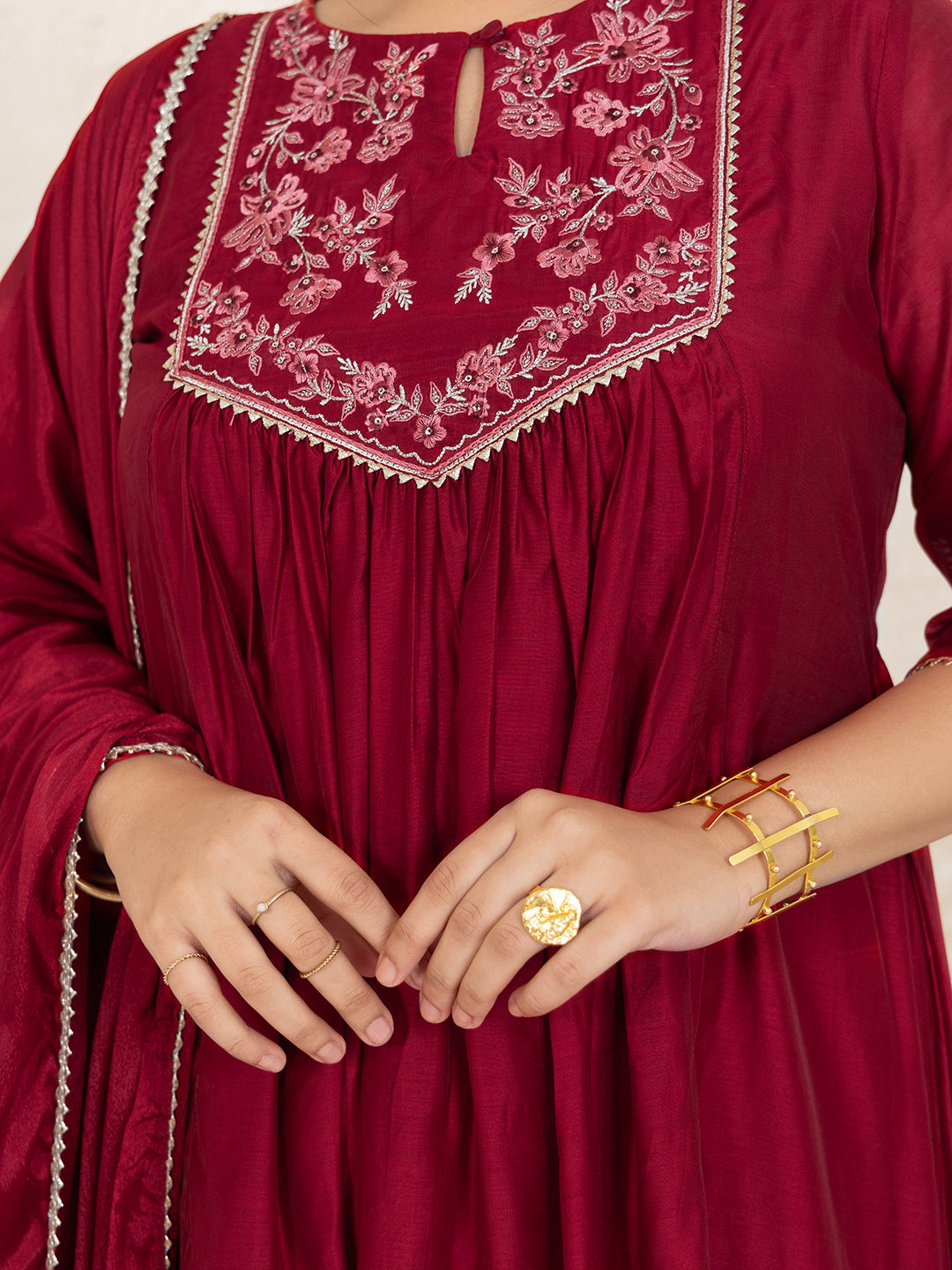Plus Size Red Chanderi Embellished Kurta with Palazzo and Dupatta