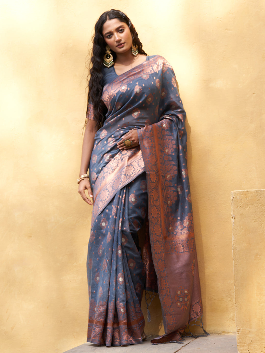 Dark Grey Chanderi Silk Ethnic Motifs Saree with Unstitched Blouse Piece