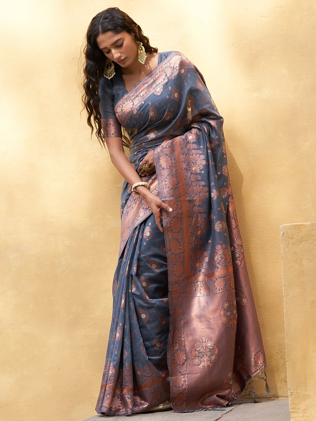 Dark Grey Chanderi Silk Ethnic Motifs Saree with Unstitched Blouse Piece