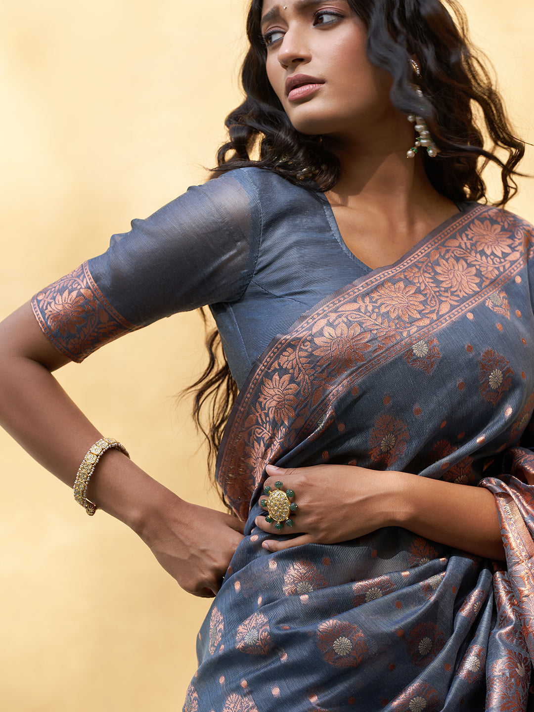 Dark Grey Chanderi Silk Ethnic Motifs Saree with Unstitched Blouse Piece