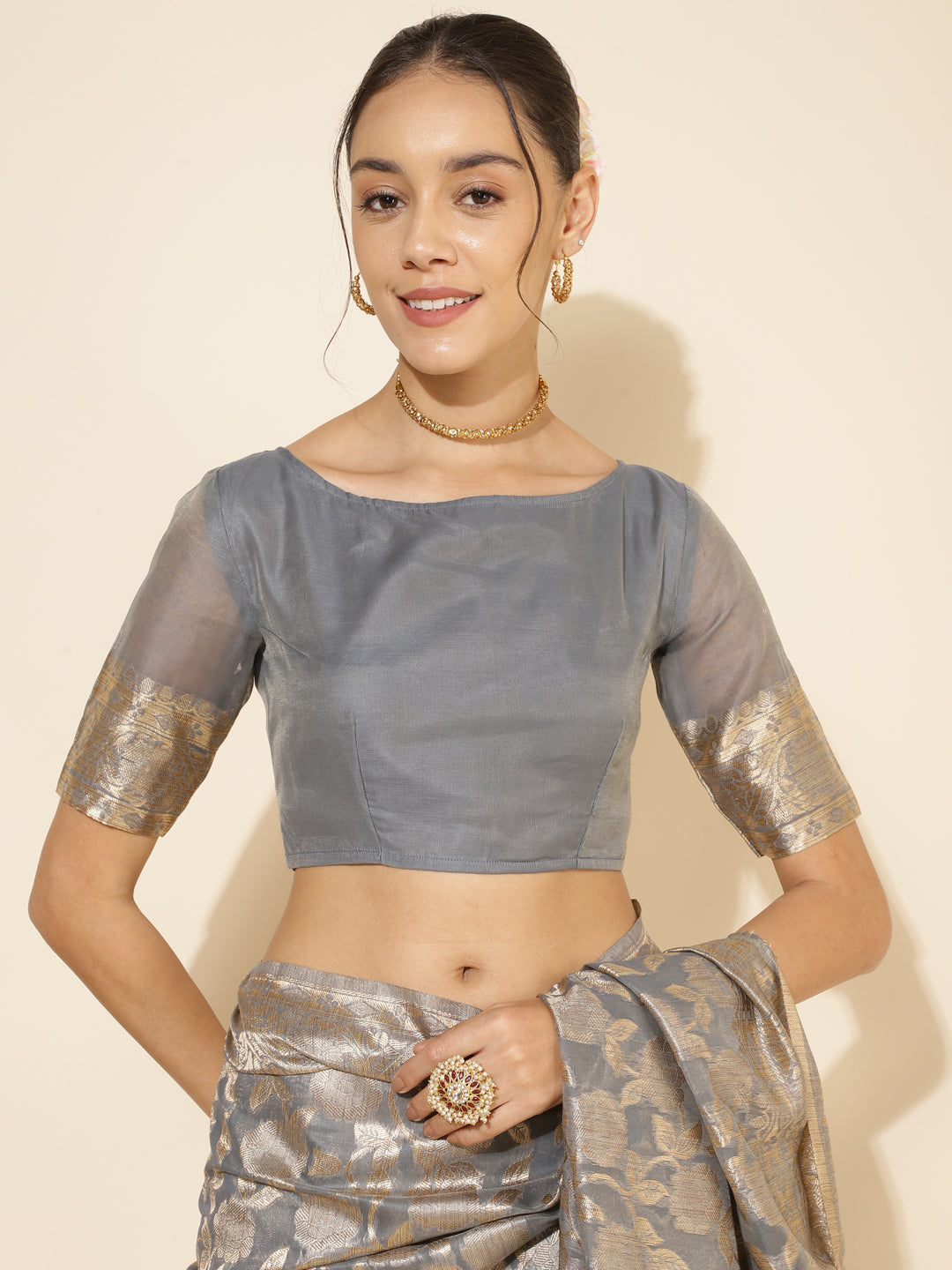 Grey Chanderi Silk Floral Saree with Unstitched Blouse Piece