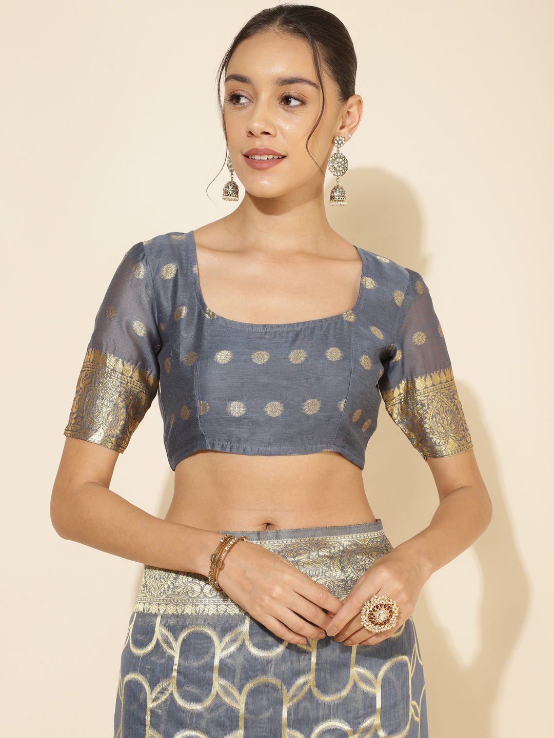 Grey Chanderi Silk Geometric Design Saree with Unstitched Blouse Piece