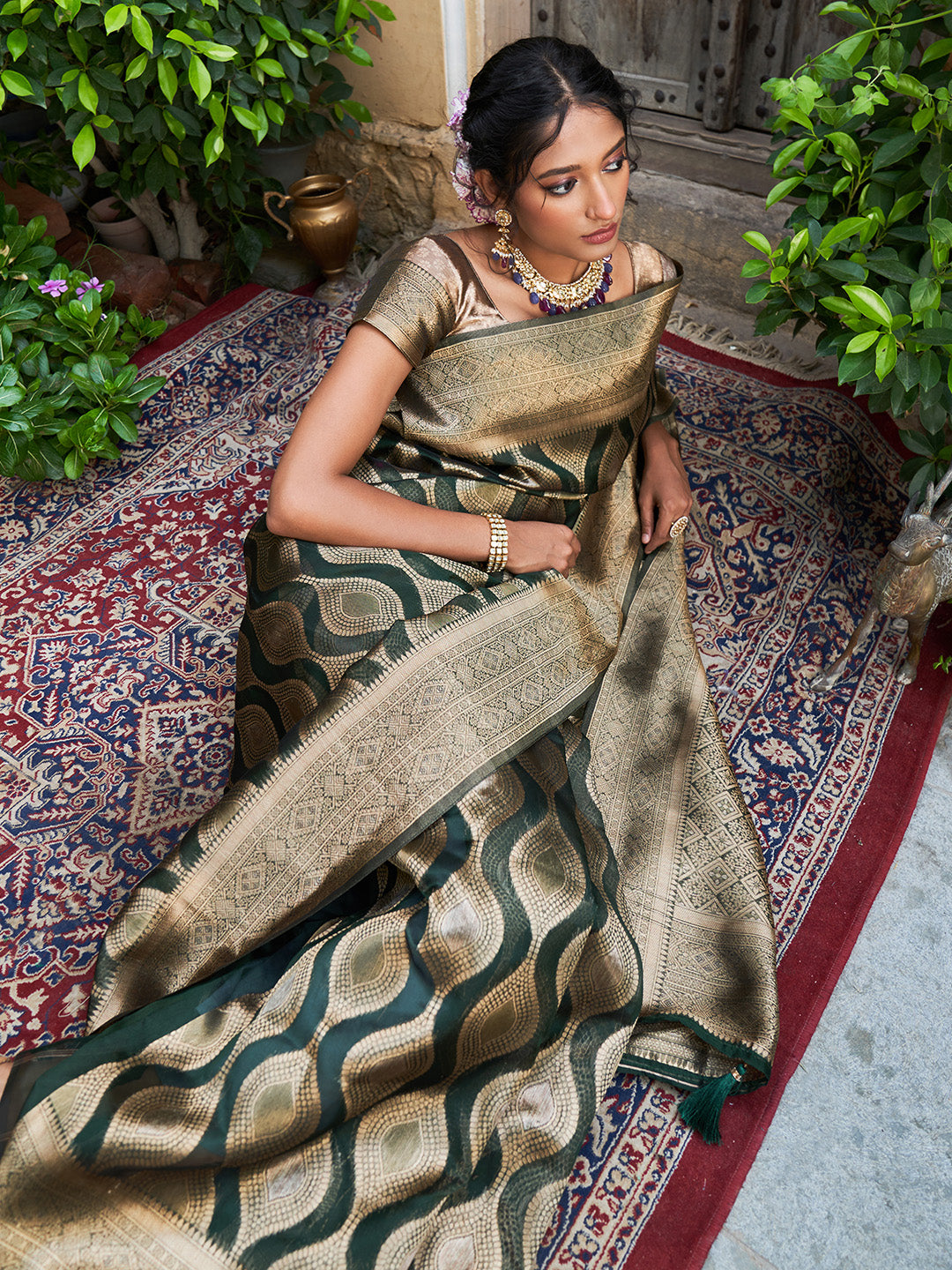 Bottle Green Organza Woven Ethnic Motifs Saree with Unstitched Blouse Piece