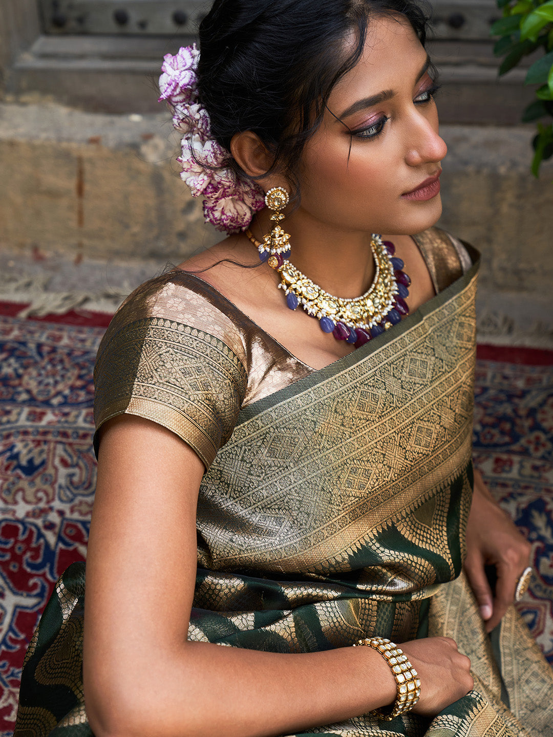 Bottle Green Organza Woven Ethnic Motifs Saree with Unstitched Blouse Piece