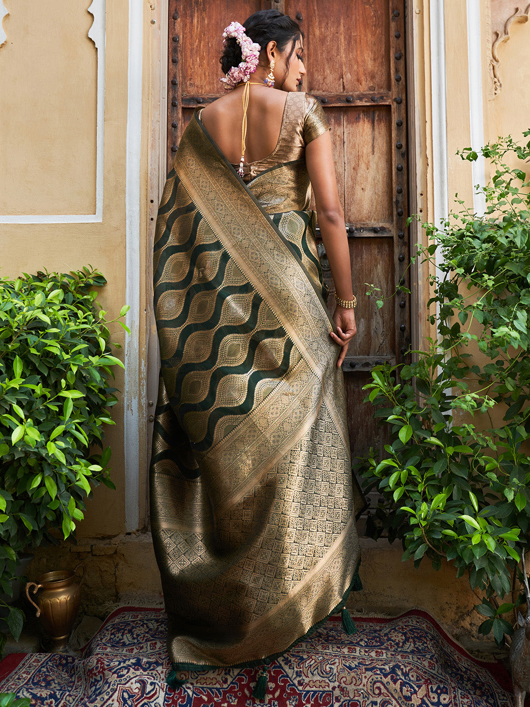 Bottle Green Organza Woven Ethnic Motifs Saree with Unstitched Blouse Piece