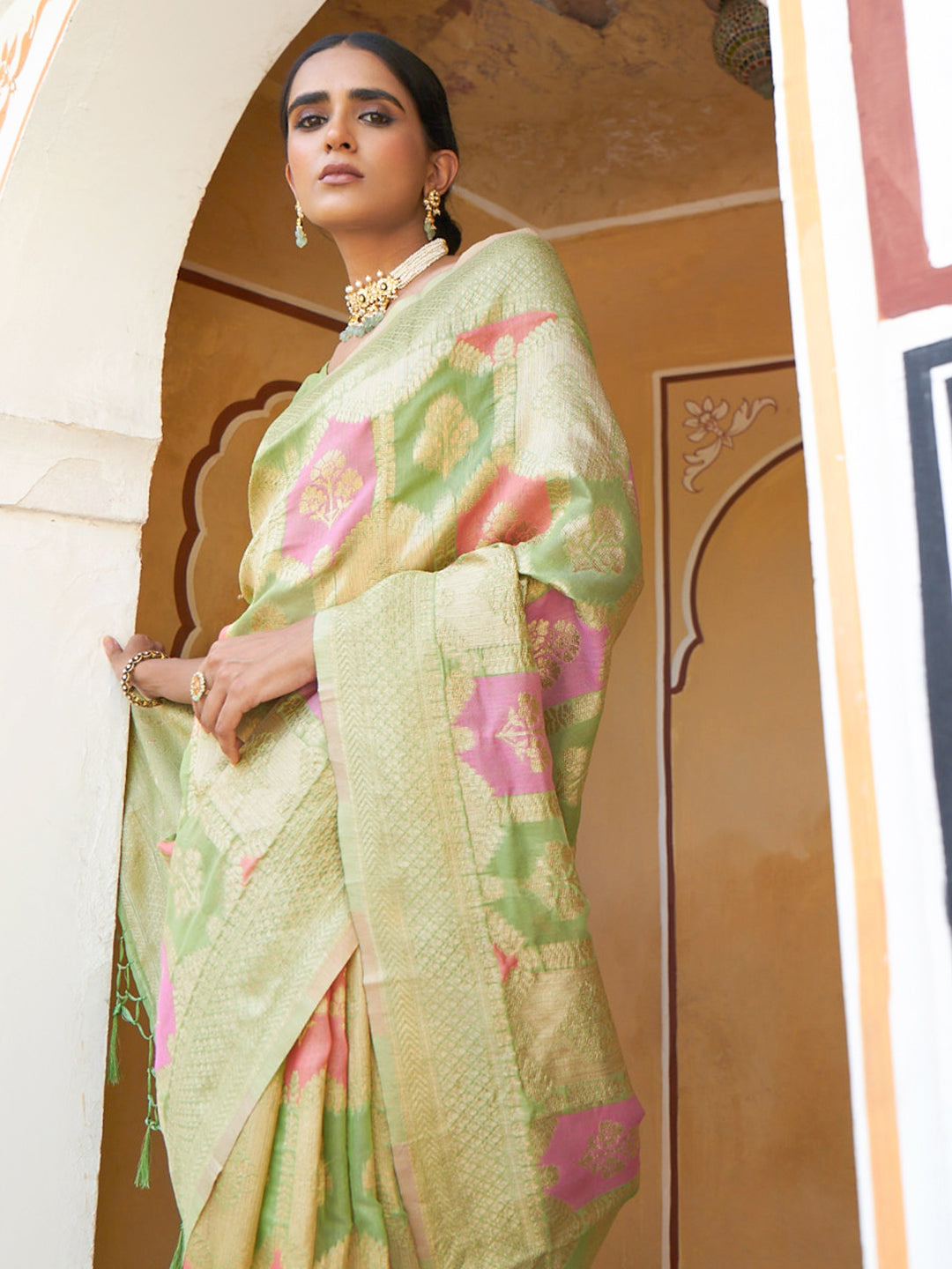 Light Green Chanderi Silk Ethnic Motifs Saree with Unstitched Blouse Piece