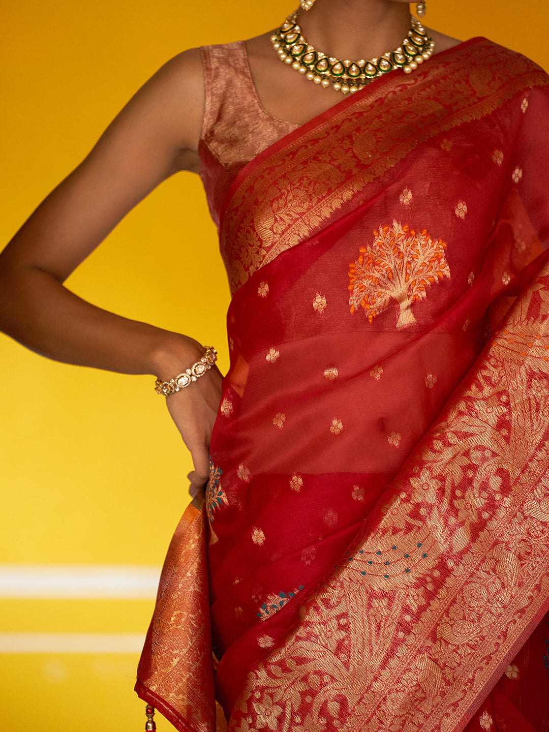 Red Organza Woven Leheriya Saree with Unstitched Blouse Piece