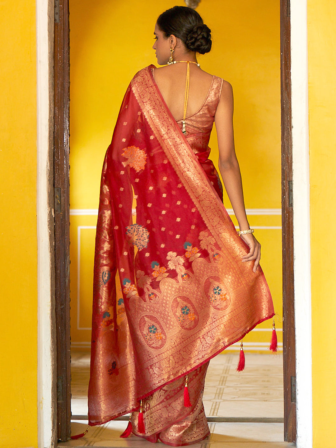 Red Organza Woven Leheriya Saree with Unstitched Blouse Piece