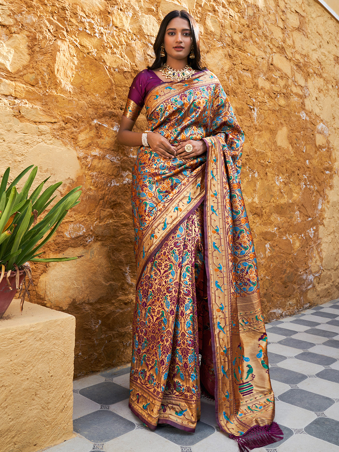 Wine Paithani Silk Woven Bagh Design Saree with Unstitched Blouse Piece