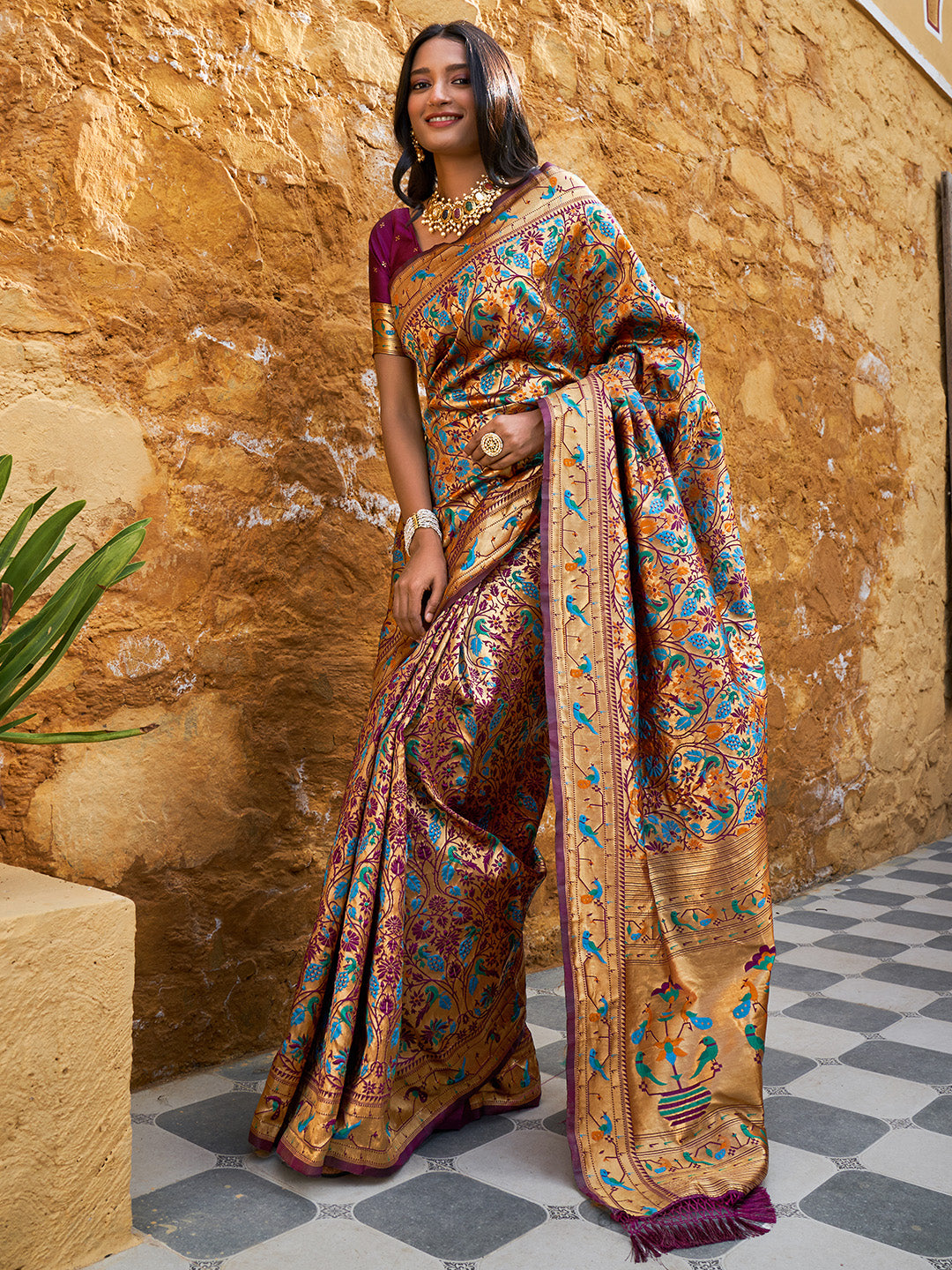 Wine Paithani Silk Woven Bagh Design Saree with Unstitched Blouse Piece