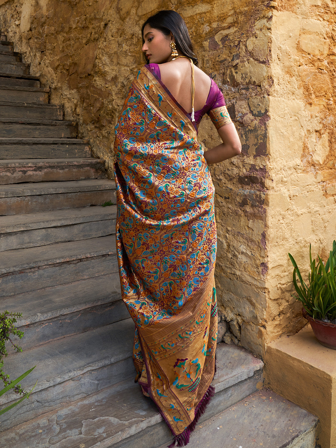 Wine Paithani Silk Woven Bagh Design Saree with Unstitched Blouse Piece
