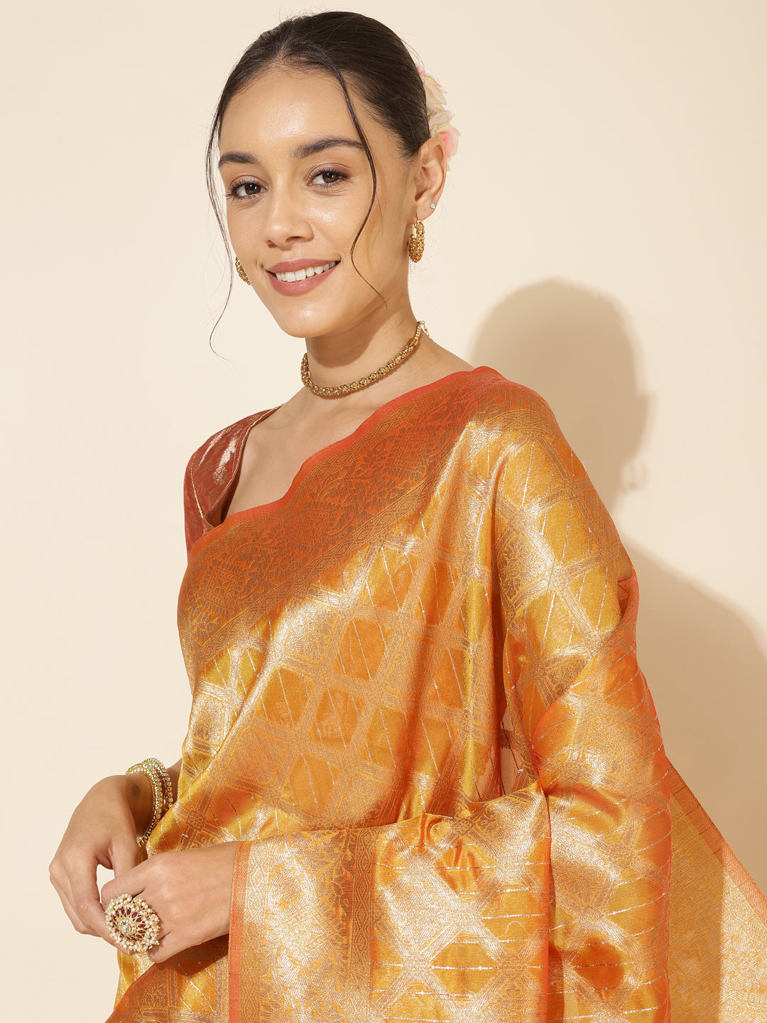 Yellow Organza Woven Ethnic Motifs Saree with Unstitched Blouse Piece