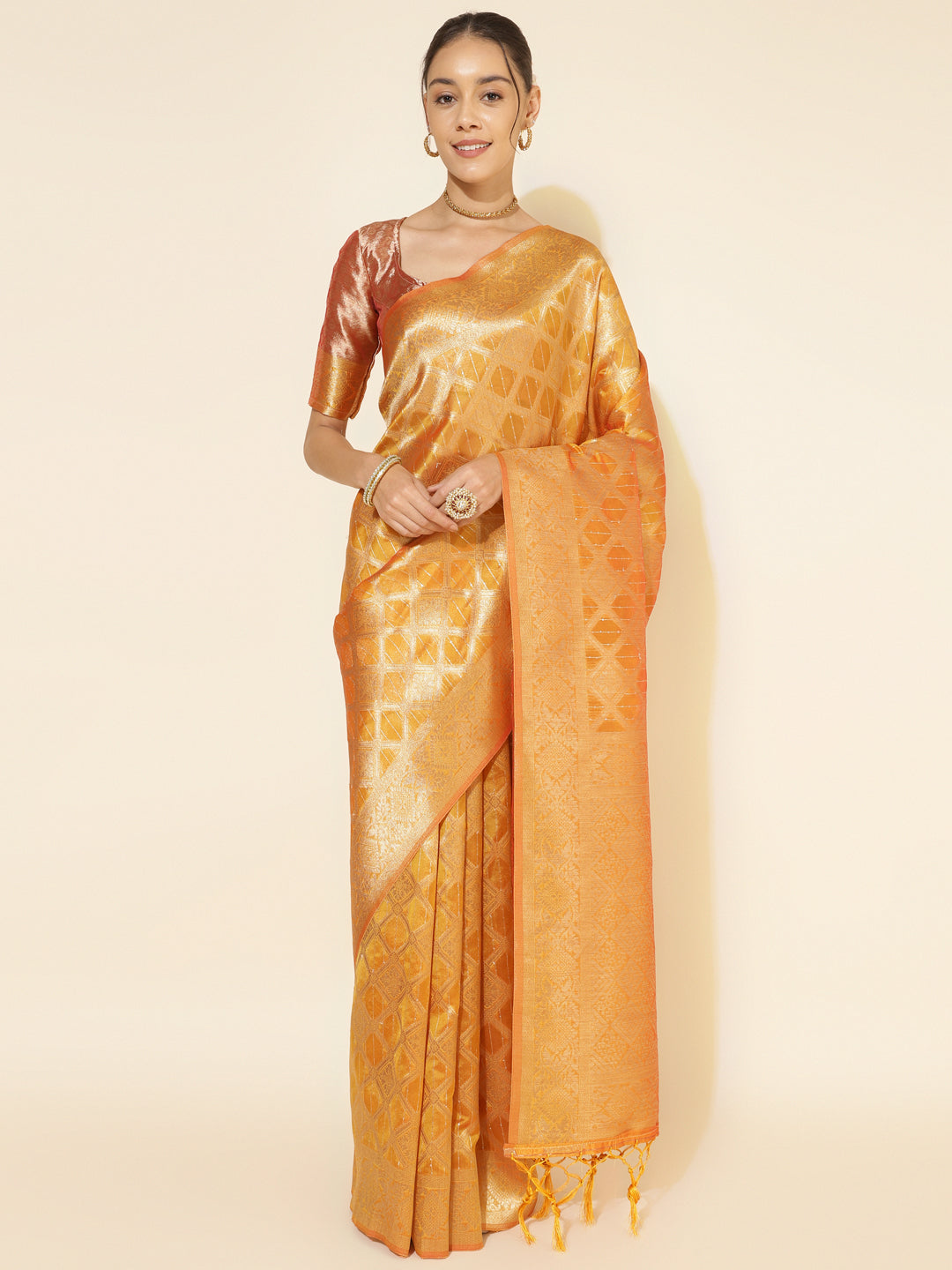 Yellow Organza Woven Ethnic Motifs Saree with Unstitched Blouse Piece