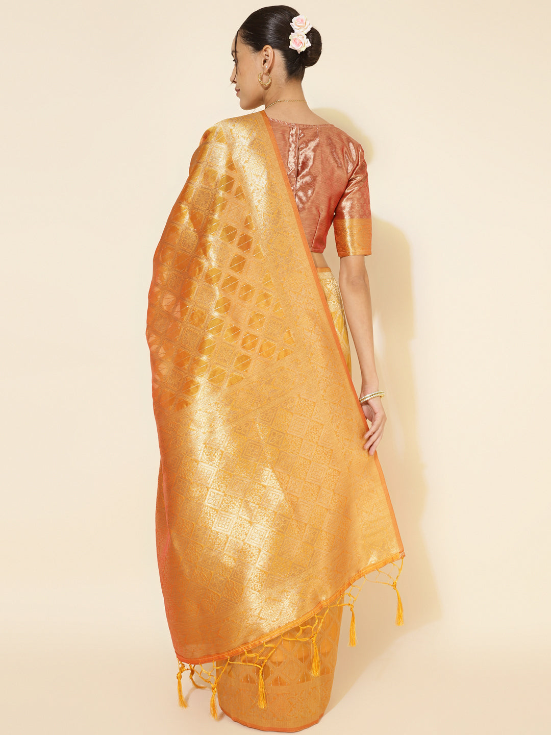 Yellow Organza Woven Ethnic Motifs Saree with Unstitched Blouse Piece
